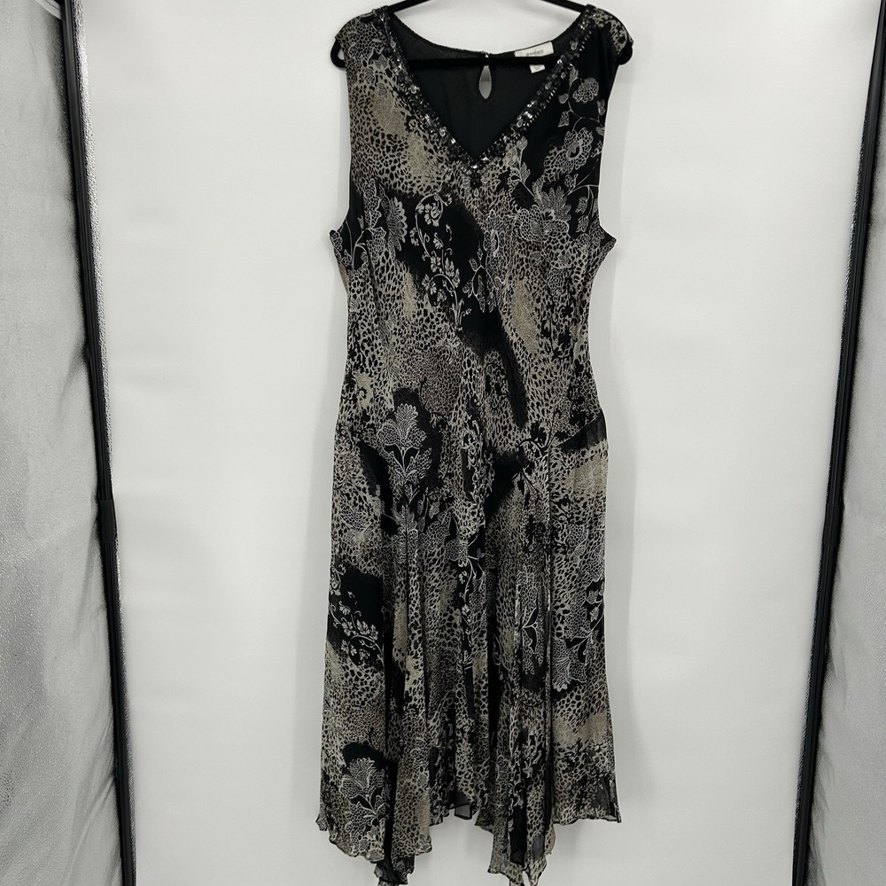 Dressbarn Womens Beaded Animal Print Handkerchief Hem Chiffon Dress‎ 24W Boho